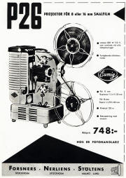 Gammal annons om Eumig P26 smalfilmsprojektor från 1955